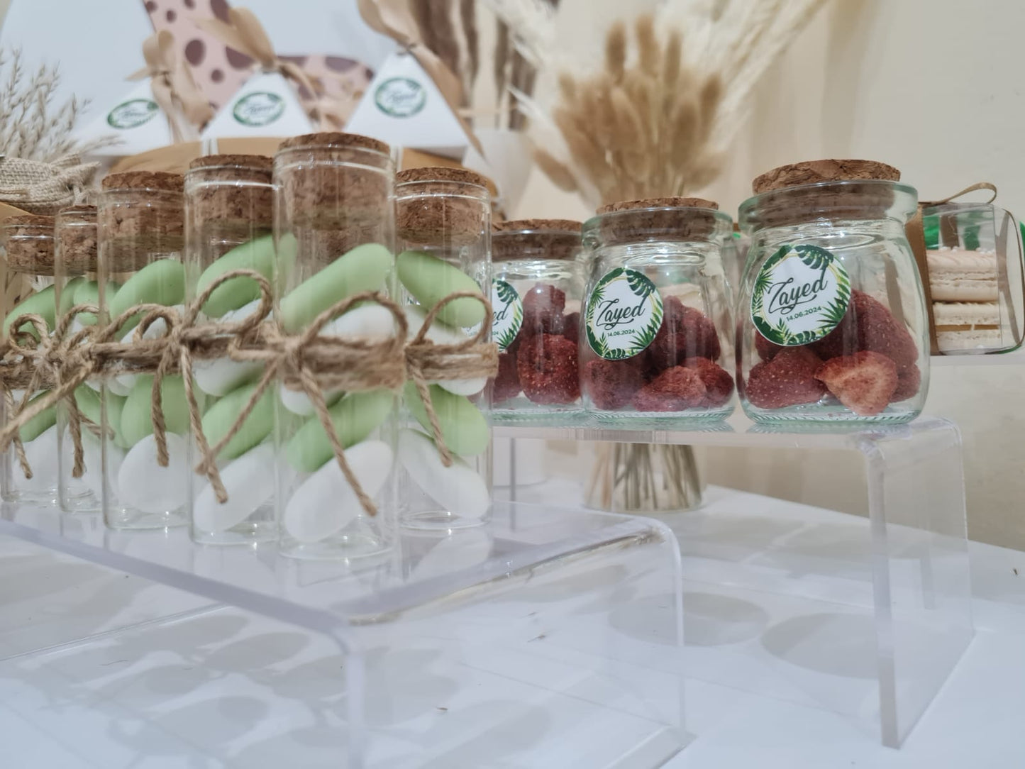 Giraffe Theme Newborn Chocolate setup- Jars filled with dried strawberry