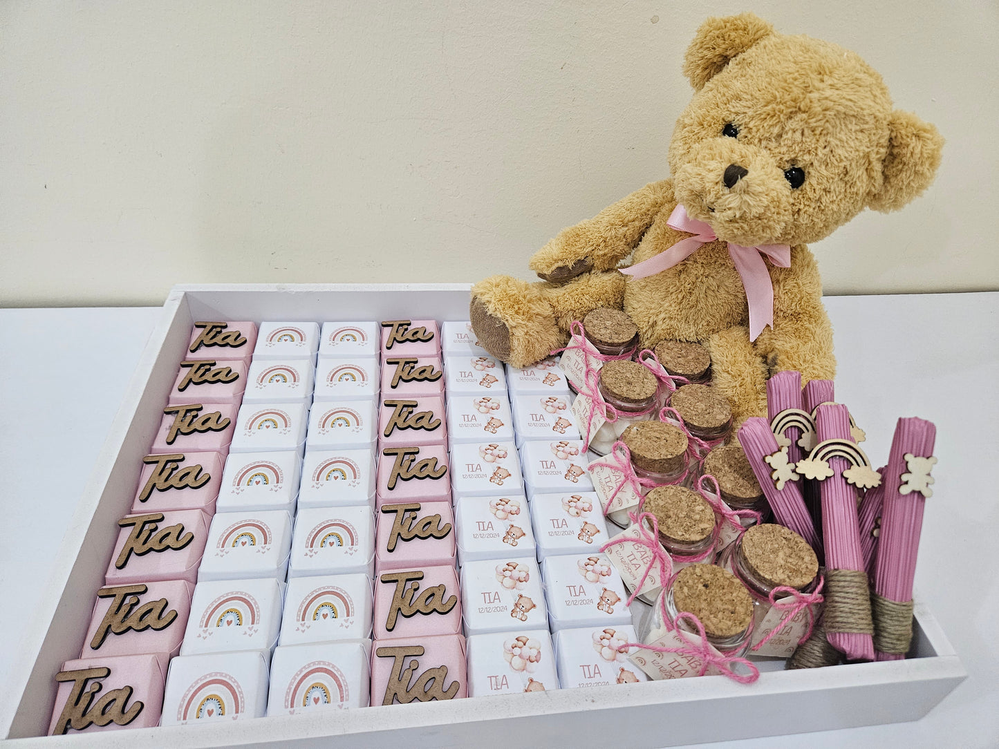 Pink Teddy Bear Tray - Newborn chocolate Arrangement