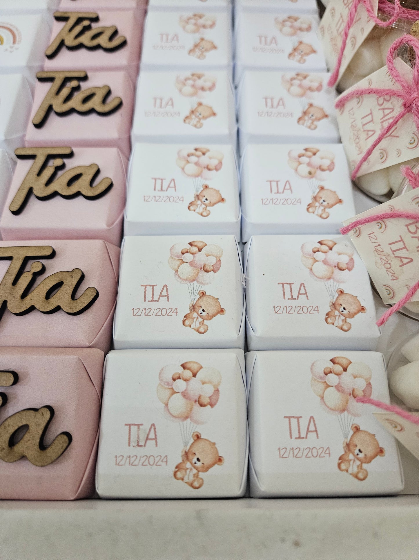 Pink Teddy Bear Tray - Newborn chocolate Arrangement - Baby's name