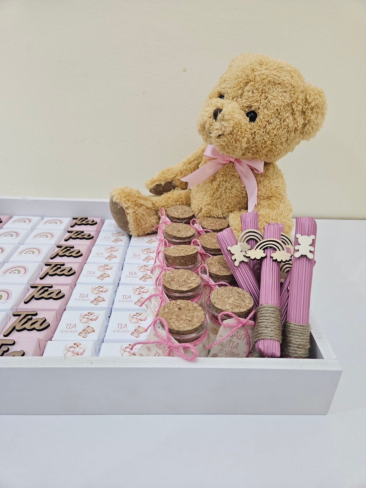 Pink Teddy Bear Tray - Newborn chocolate Arrangement - Jars