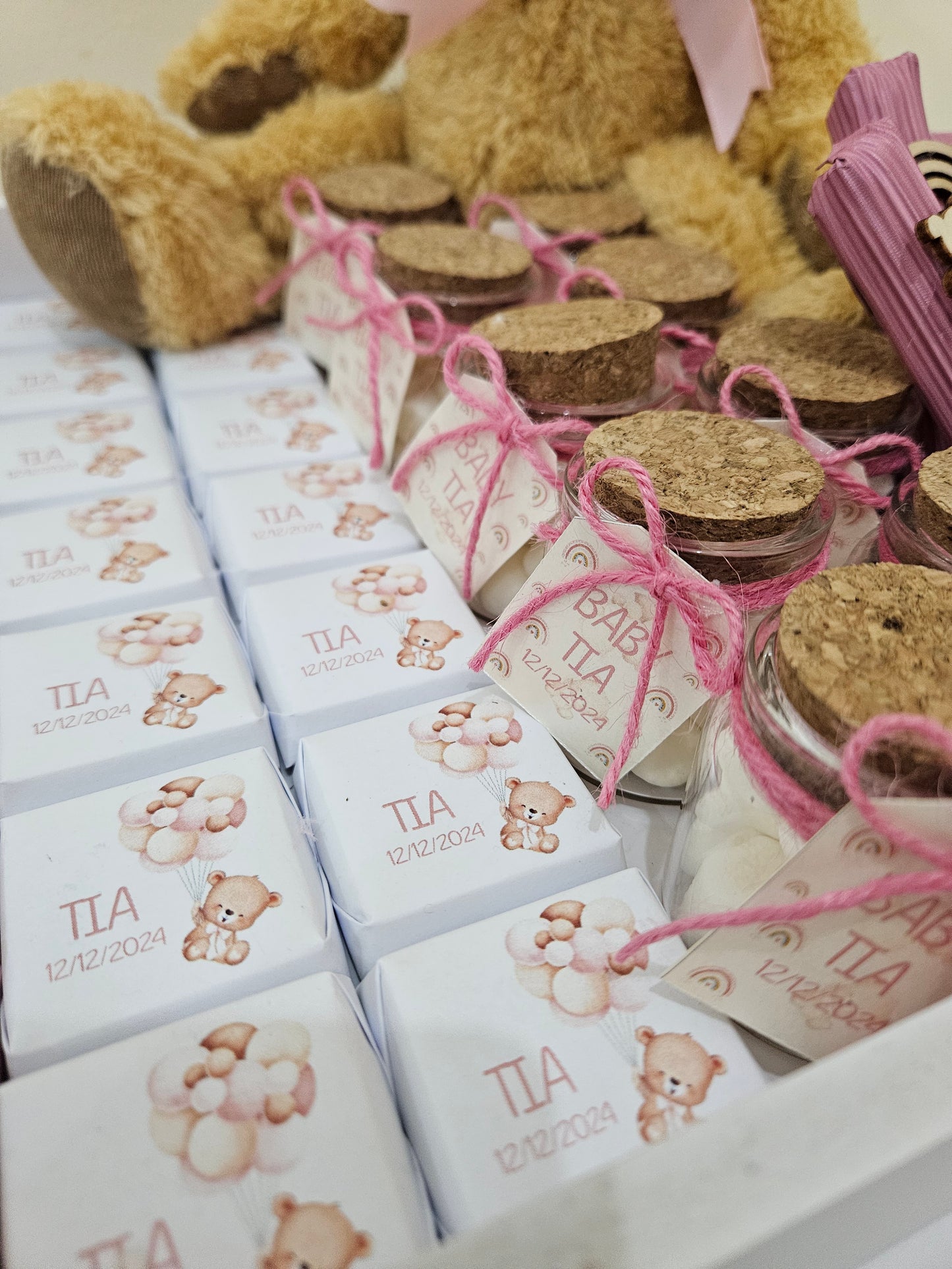 Pink Teddy Bear Tray - Newborn chocolate Arrangement - Jars